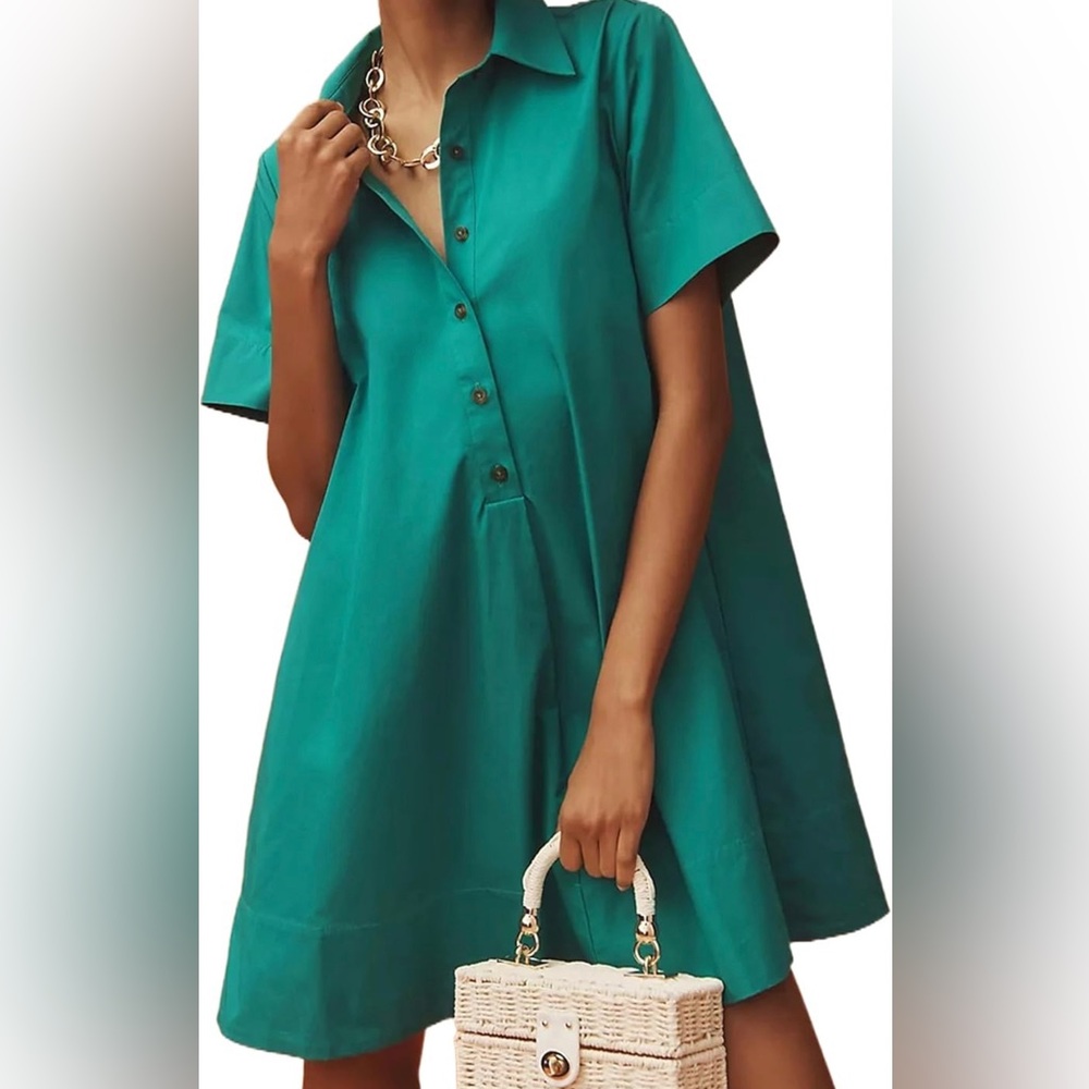 JEIBKOUY Mini Short Sleeve, Green Colored Botton Tunic Dress Size S